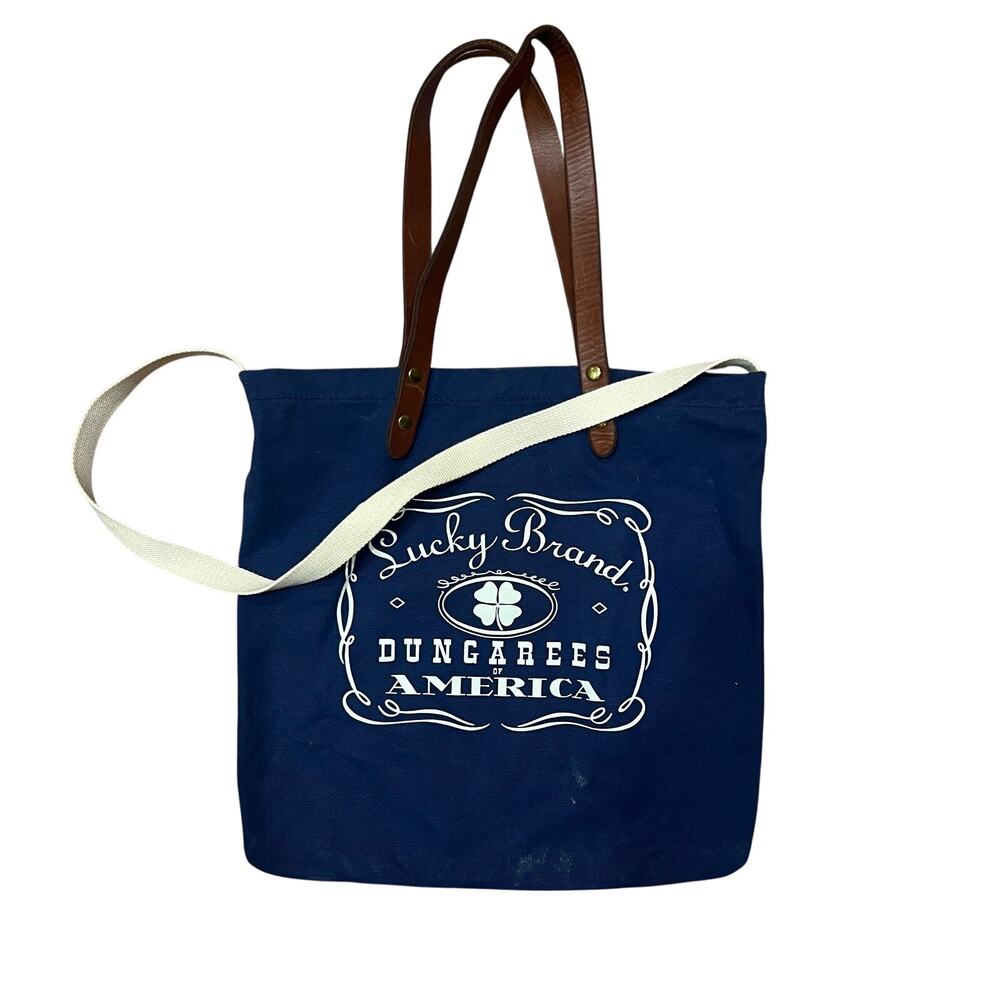 Lucky Brand Tote Bag Navy Blue Cotton Canvas Crossbody Logo Leather Top Handles